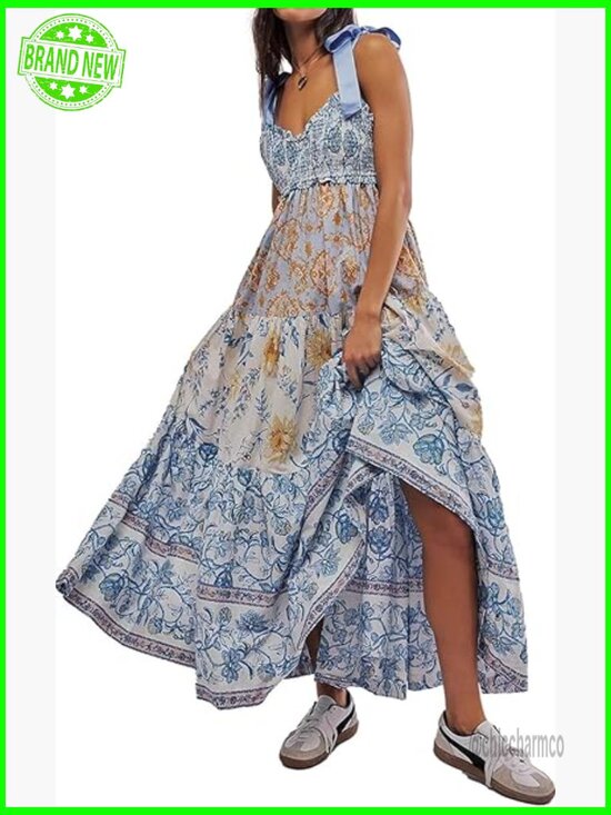 Dresses & Skirts - Floral Maxi Dress Sleeveless Tie Shoulder Bohemian Smocked with Pockets